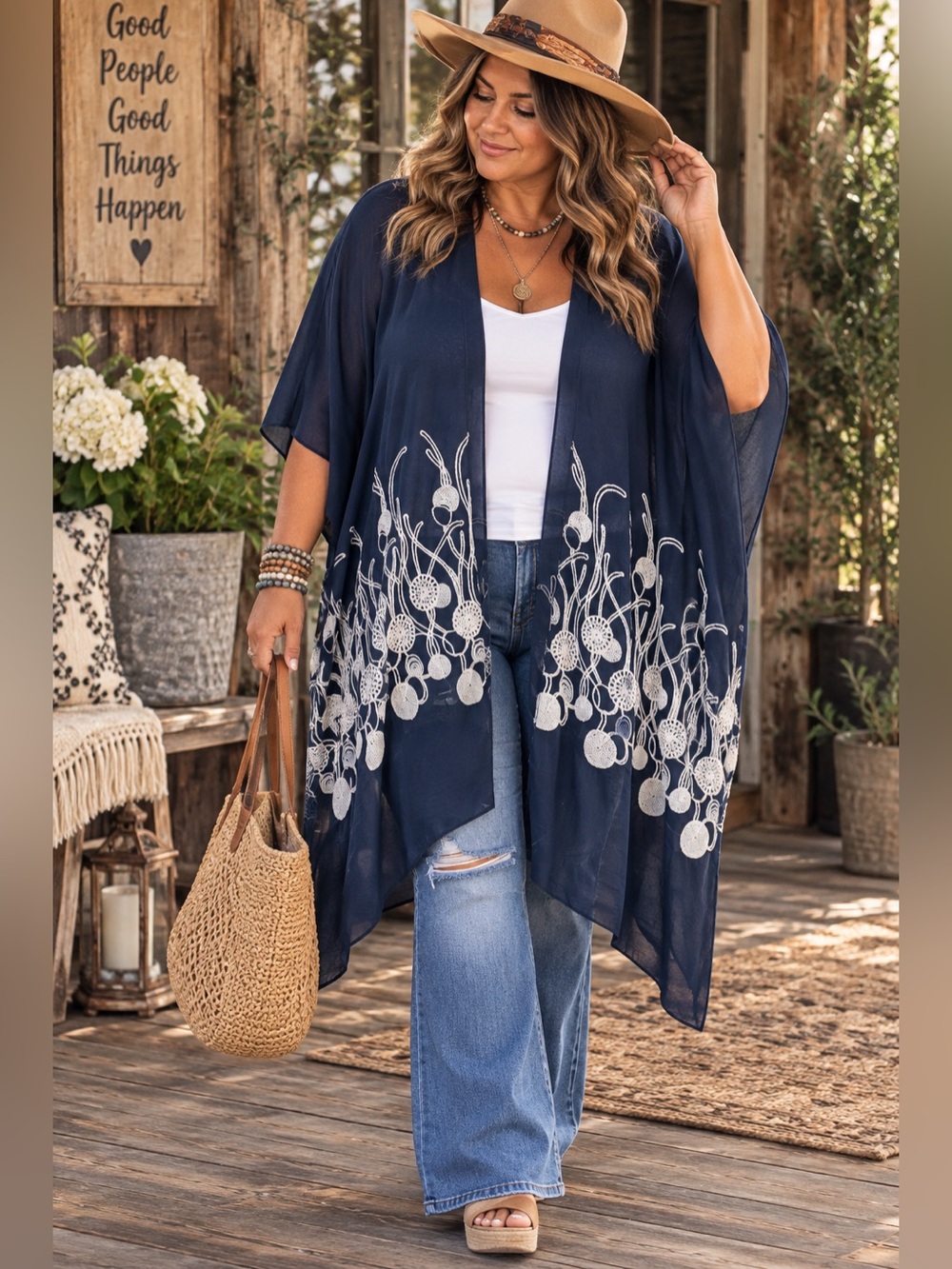 Ruana Women’s Navy Floral-Embroidered Kimono | NWT One Size